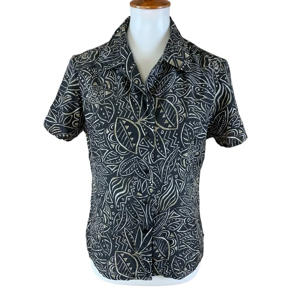 Anna And Frank 100% Silk Button Front Blouse Small Black‎ Abstract Boho Top